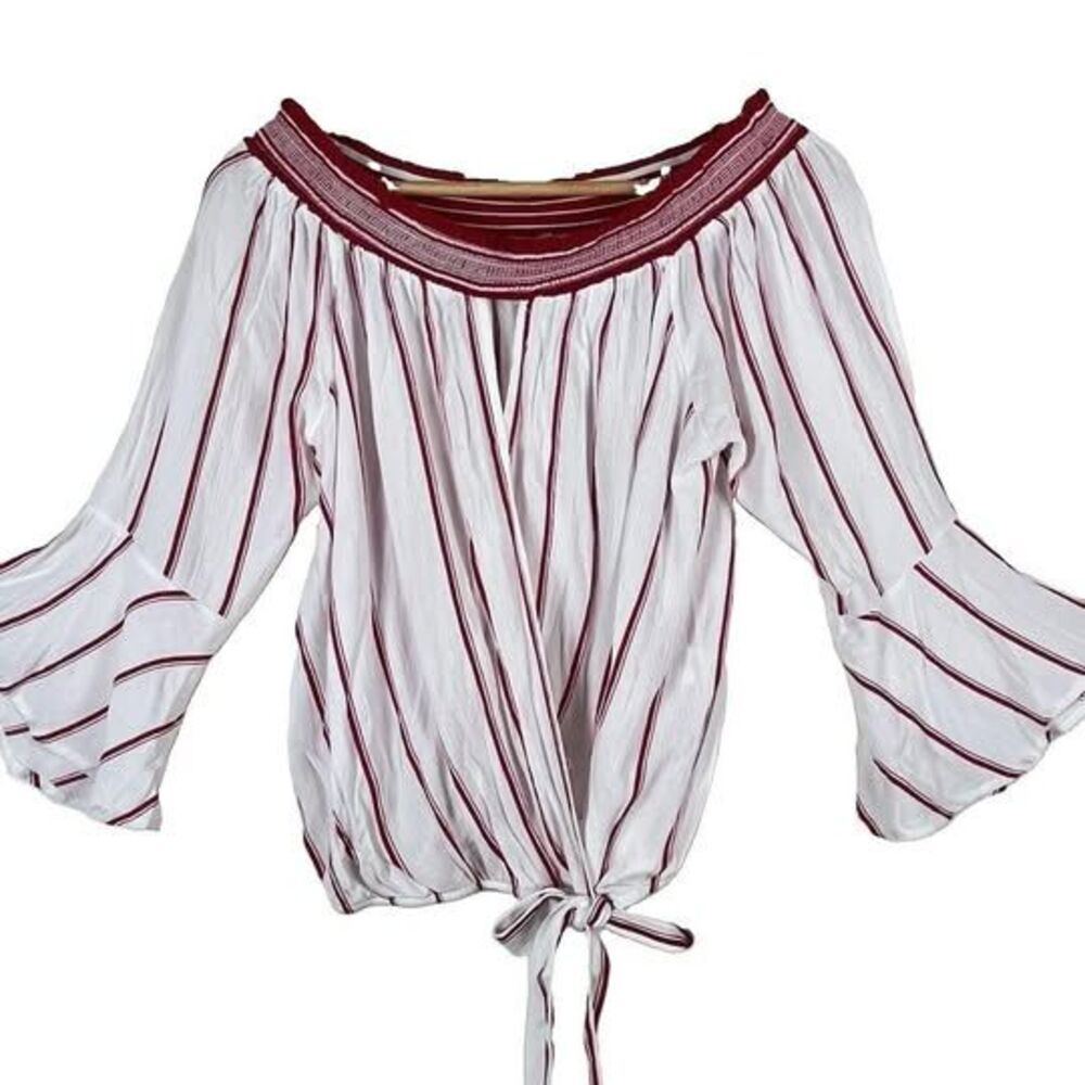 Women’s Off Shoulder Tie Front Smocked Waist Peasant Blouse Red Stripe M - Picture 2 of 10